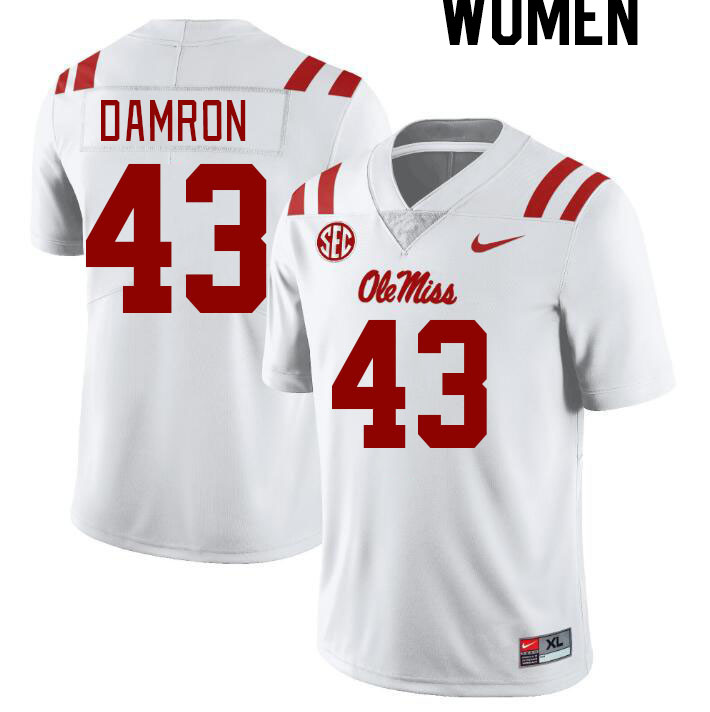 Women #43 Jack Damron Ole Miss Rebels College Football Jerseyes Stitched Sale-White - Click Image to Close